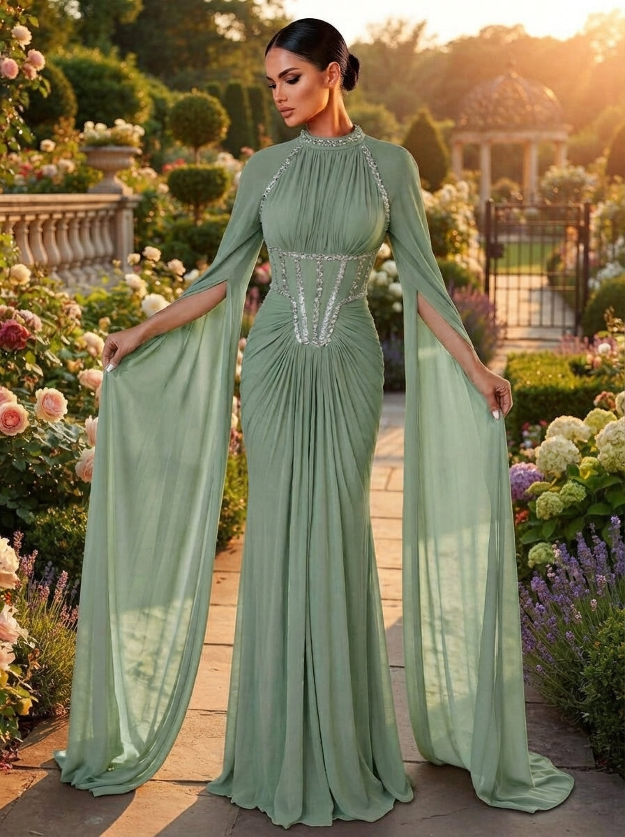 SDE3257 Luxury Beaded Diamond Chain Satin Mermaid Gown