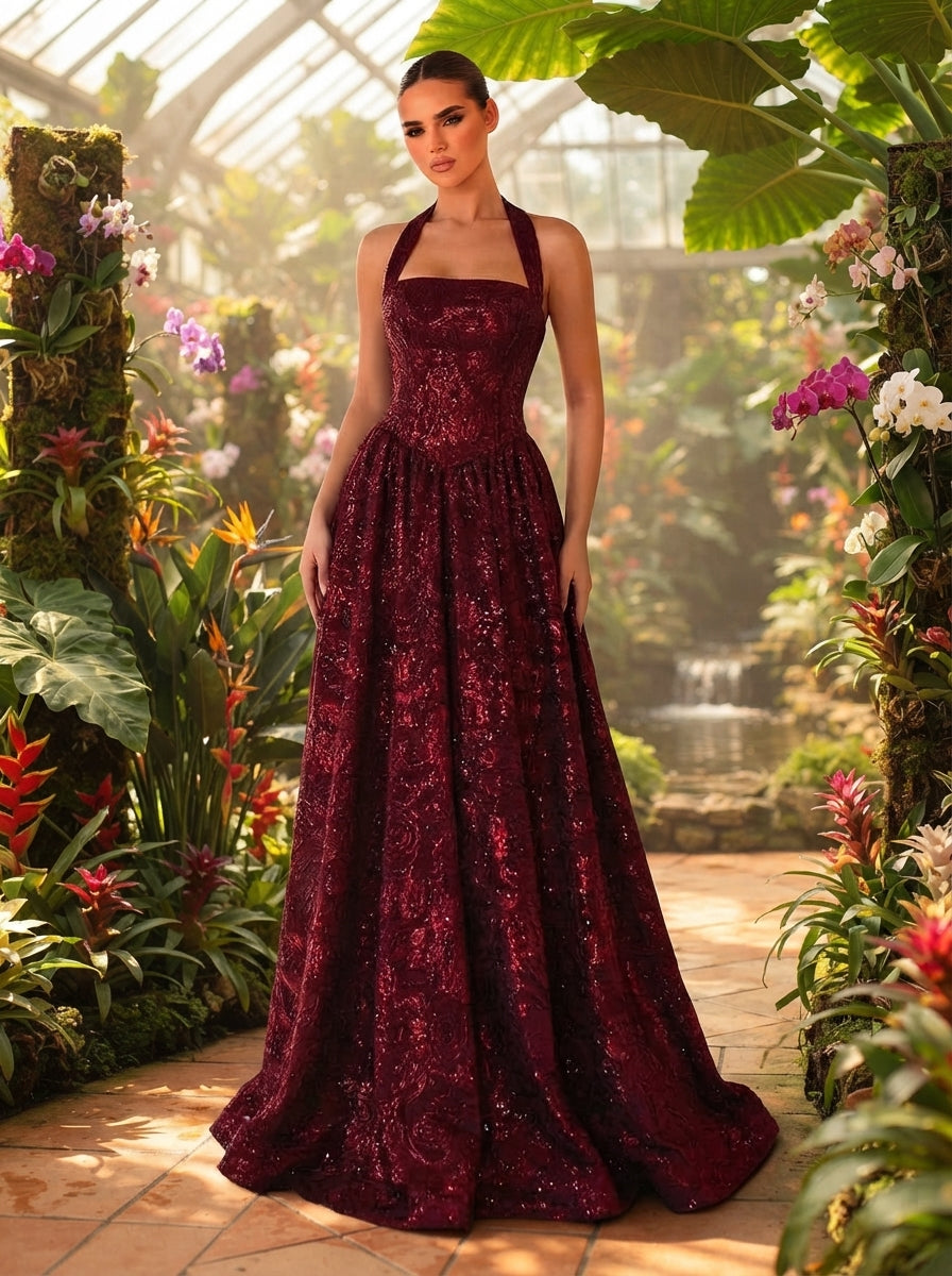 SDE3250 Elegant Burgundy Jacquard Halter Formal Evening Gown