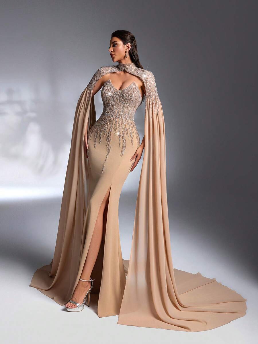 SD3269 Detachable 2-Piece Beaded Tube Top & Chiffon Gown