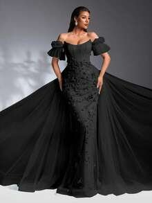 SD3198 Light Blue Floral Off-Shoulder Mesh Gown - UK8(s), Black image