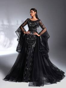 SD3196 Black Beaded Flare-Sleeve Trailing Gown image 5