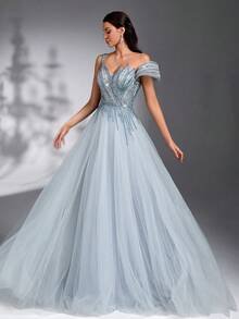 SD3179 Luxe Beaded Asymmetrical Tulle Maxi image 7