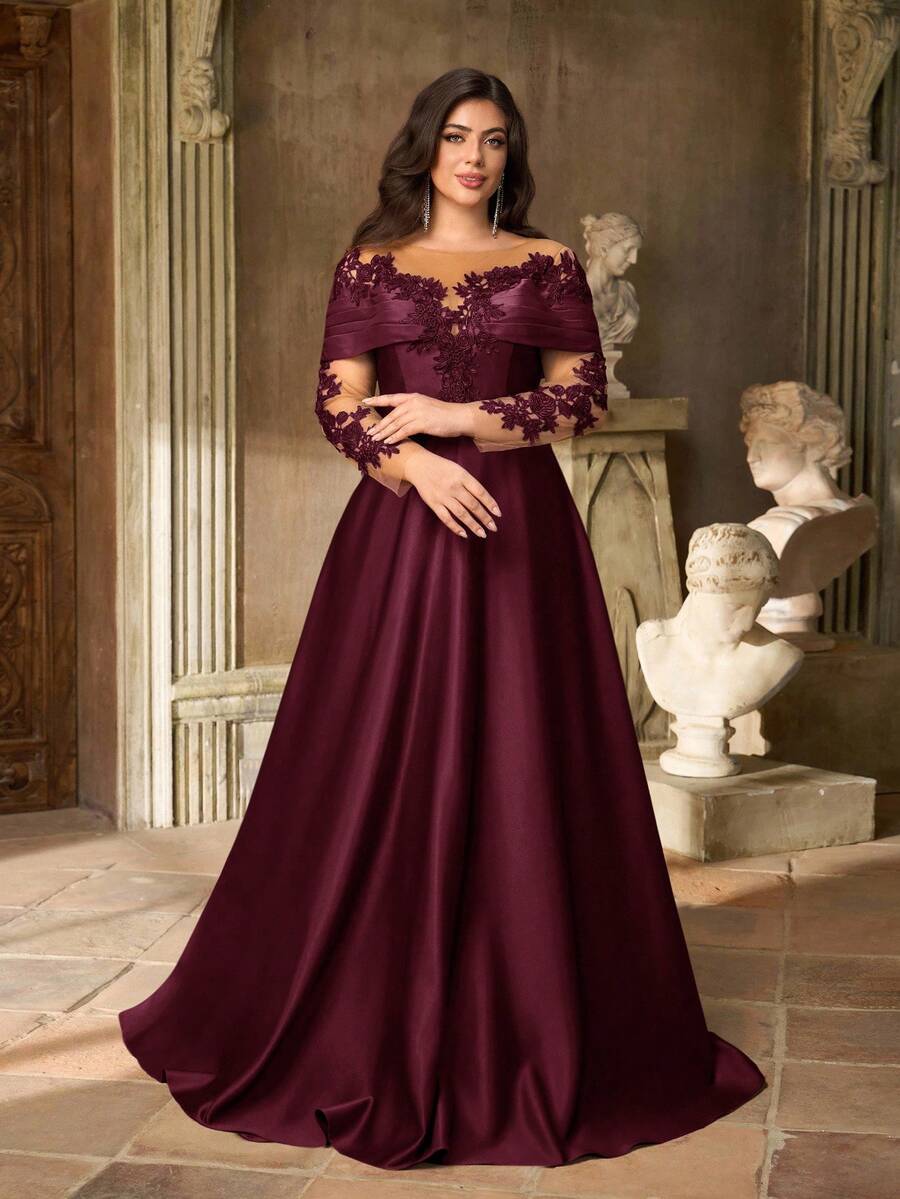SDE3252 Plus Size Burgundy Lace Applique Off-Shoulder Satin Dress
