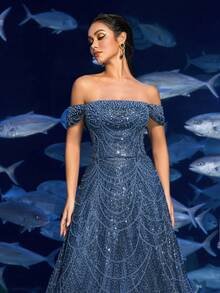 SD3216 Off-Shoulder Shimmering Fish Tail Gown - UK16(XL), Dusty Blue image