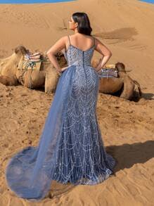 SD3247 Split-Thigh Beaded Mermaid Cami Gown image 6