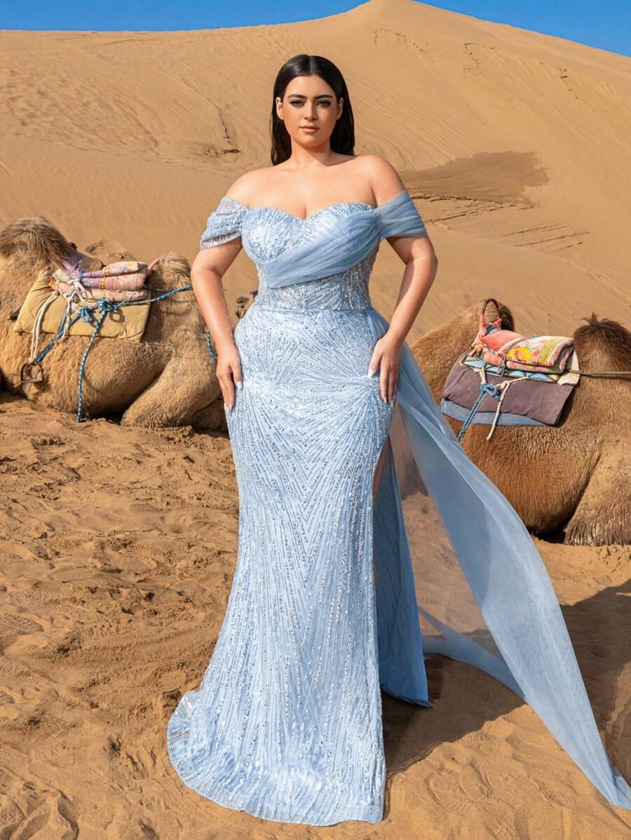 SD3241 Off-Shoulder Sequined Slit Gown - UK20 (2XL), Blue image