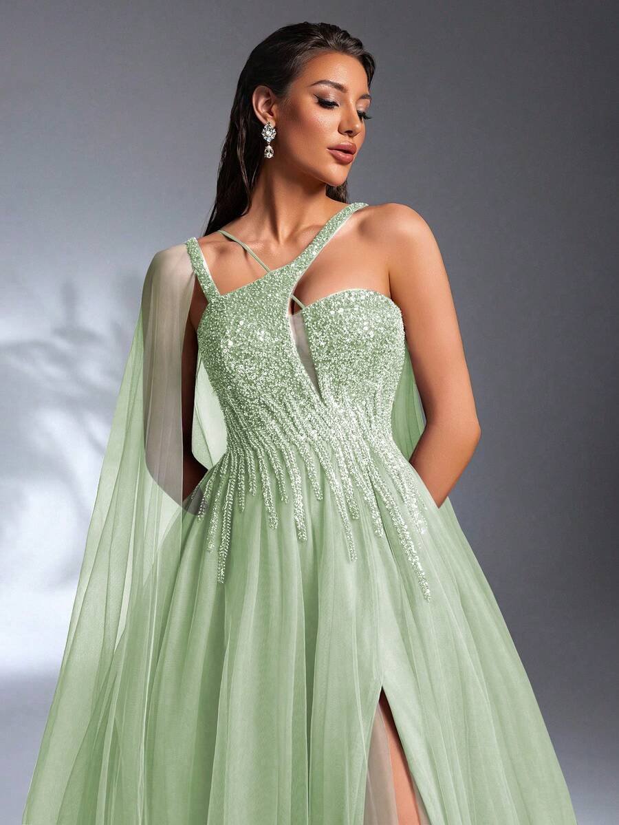 SD3186 Luxe Asymmetrical Beaded Mesh Gown image 2