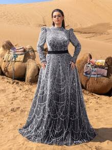 SD3246 Petite Stand Collar Beaded A-Line Gown image 0