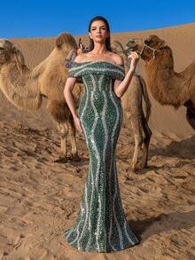 SD3226 Off-Shoulder Beaded Mermaid Gown - UK10(m), Dark Green image