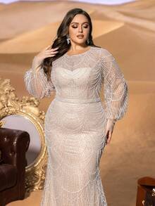SD3234 Plus Size Arc Sequin Mermaid Gown - UK24 (4XL), Apricot image