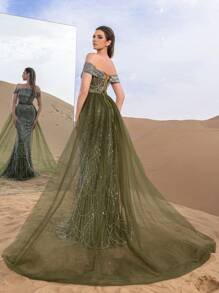 SD3215 Off-Shoulder Tulle Overlay Mermaid Gown - UK16(XL), Olive Green image