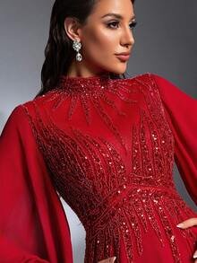 SD3264 Burgundy Stand Collar Lantern Sleeve Gown - Vibrant Ruby, UK8 image
