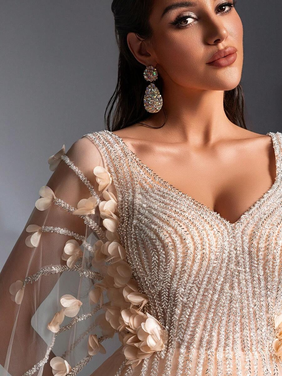 SD3208 Cloak Sleeve 3D Floral Mesh Gown