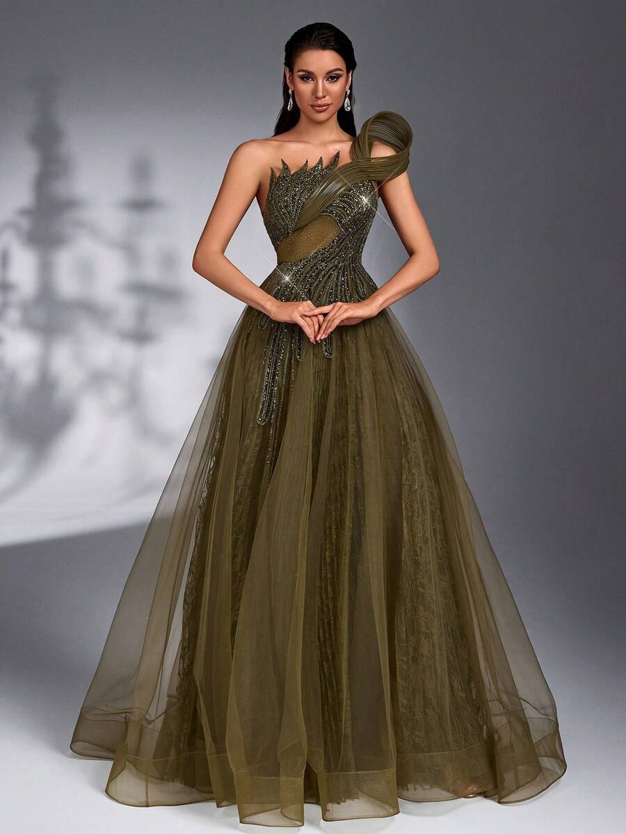 SD3266 Beaded Rhinestone Lace & Mesh Maxi Gown