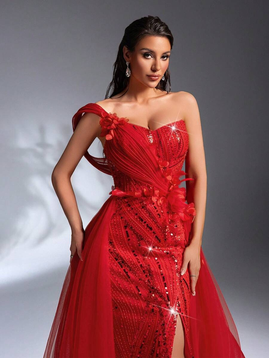 SD3205 Red 3D Floral Sequin Trailing Gown