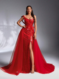 SD3205 Red 3D Floral Sequin Trailing Gown