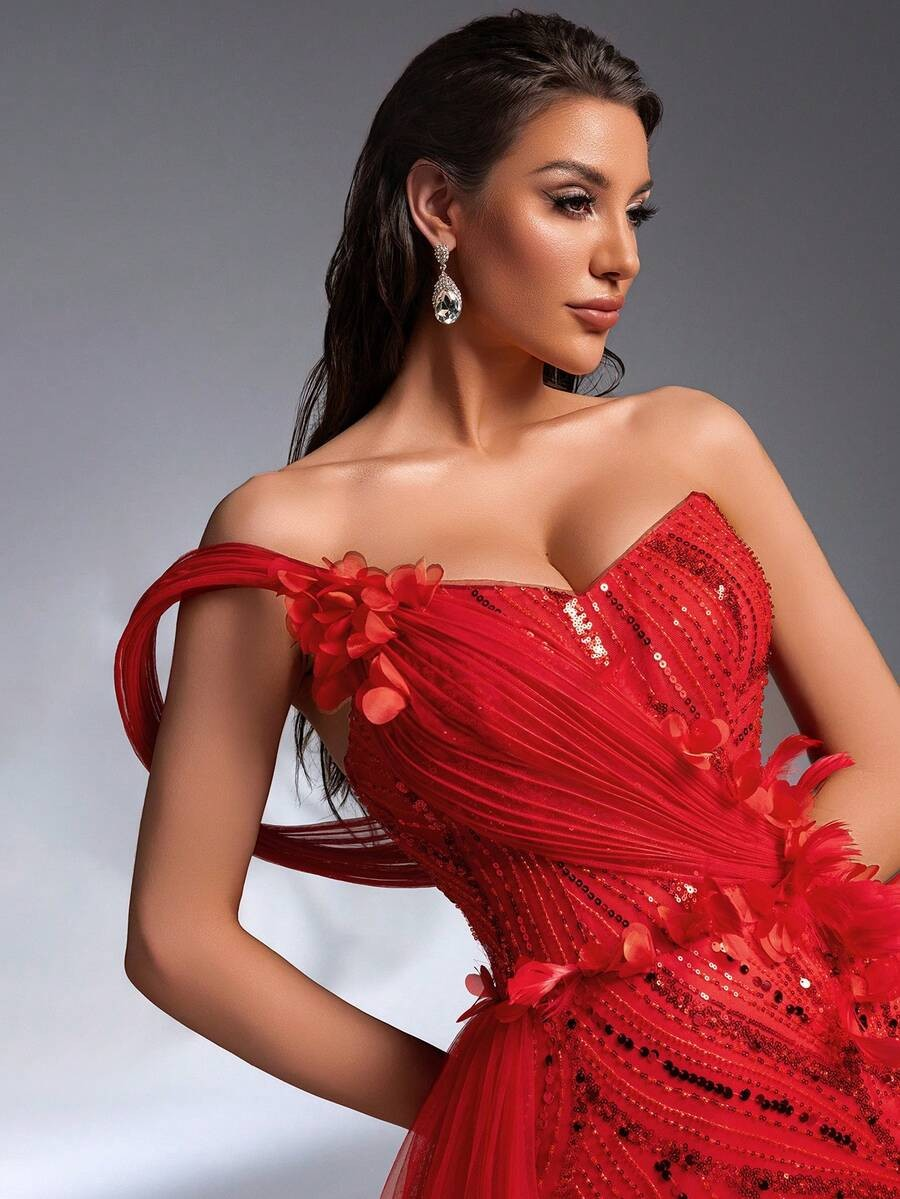 SD3205 Red 3D Floral Sequin Trailing Gown