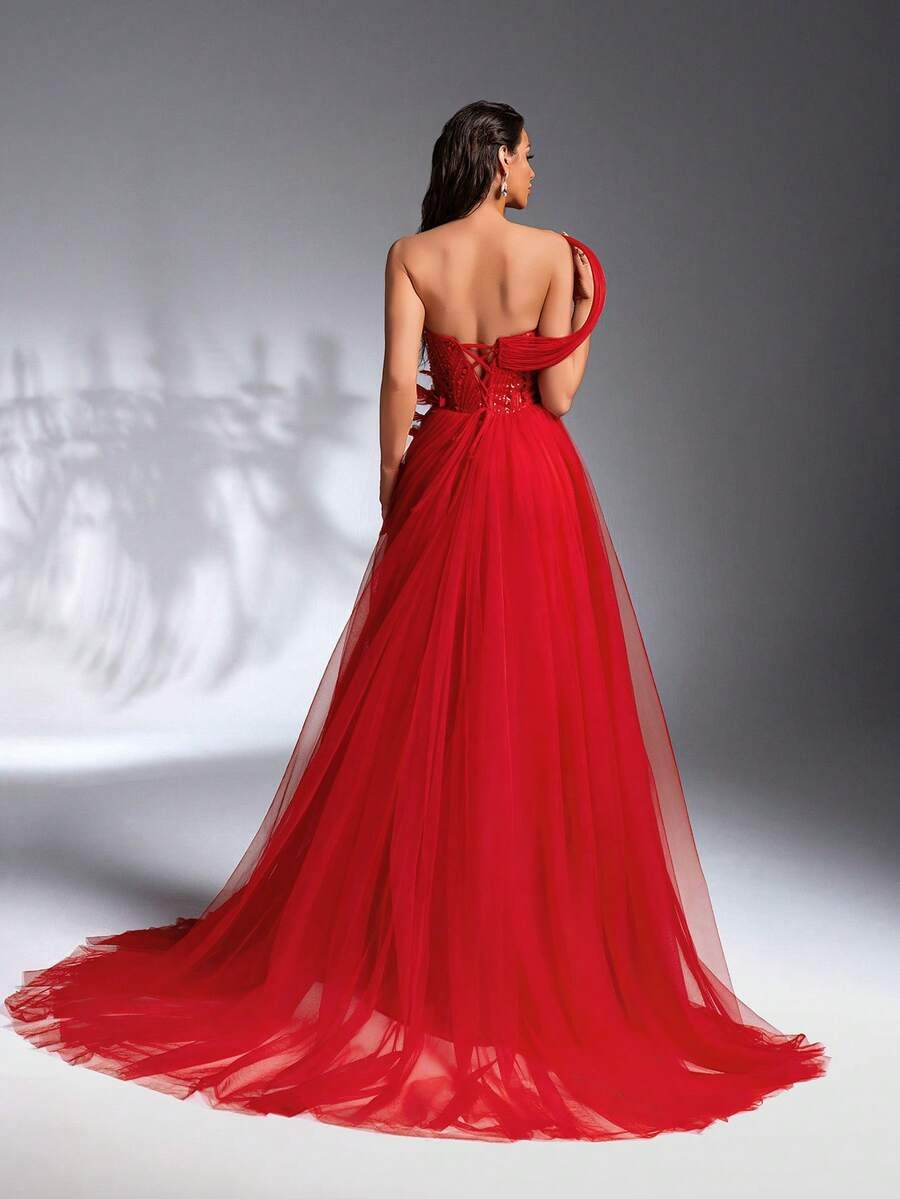 SD3205 Red 3D Floral Sequin Trailing Gown