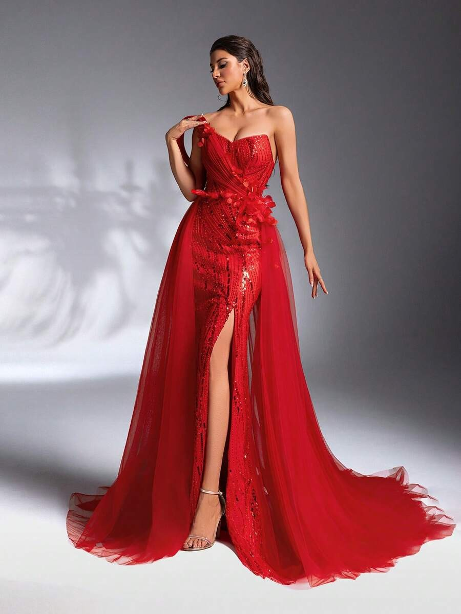 SD3205 Red 3D Floral Sequin Trailing Gown