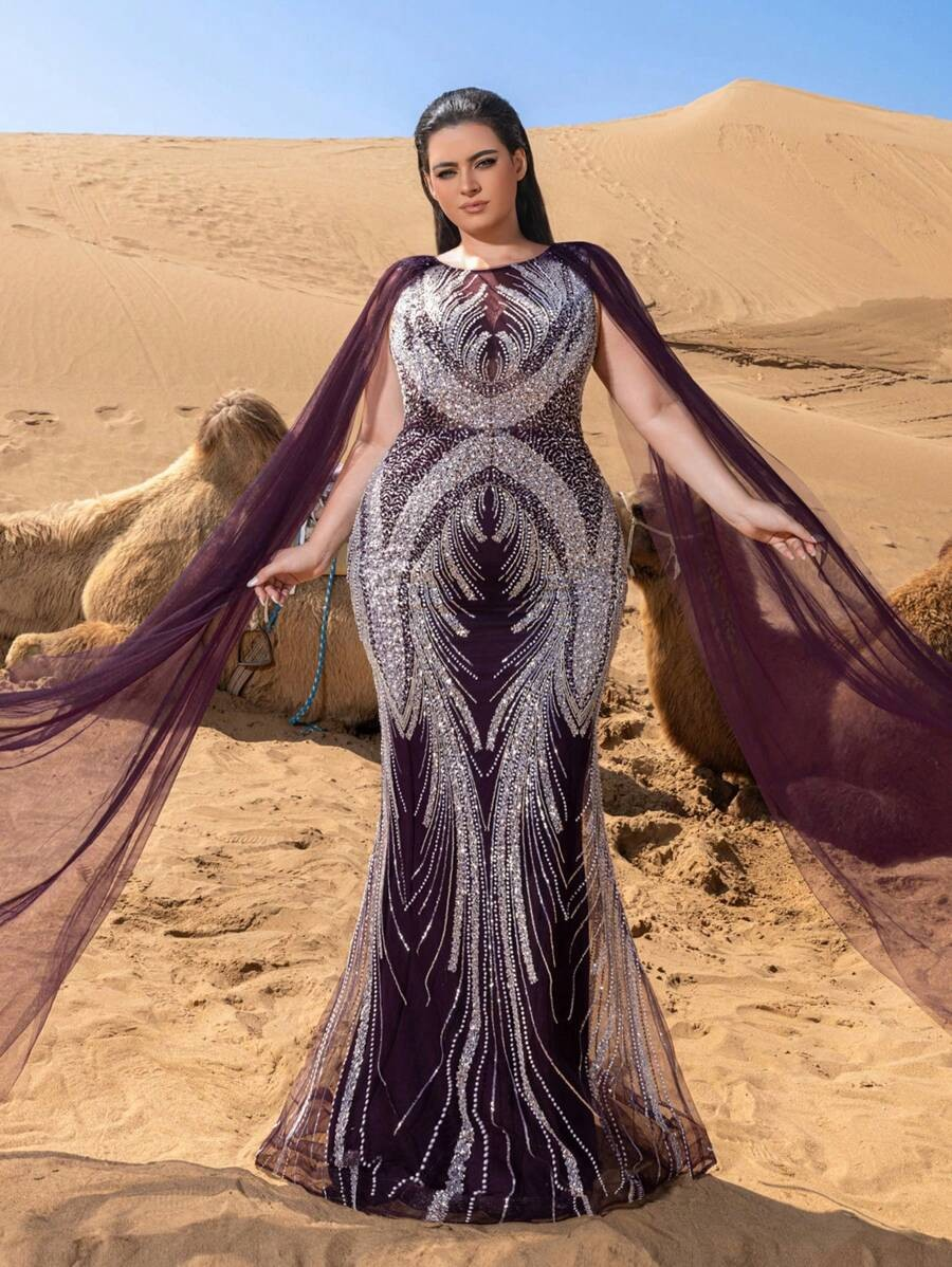 SD3243 Sheer Sleeve Sequin Mermaid Gown