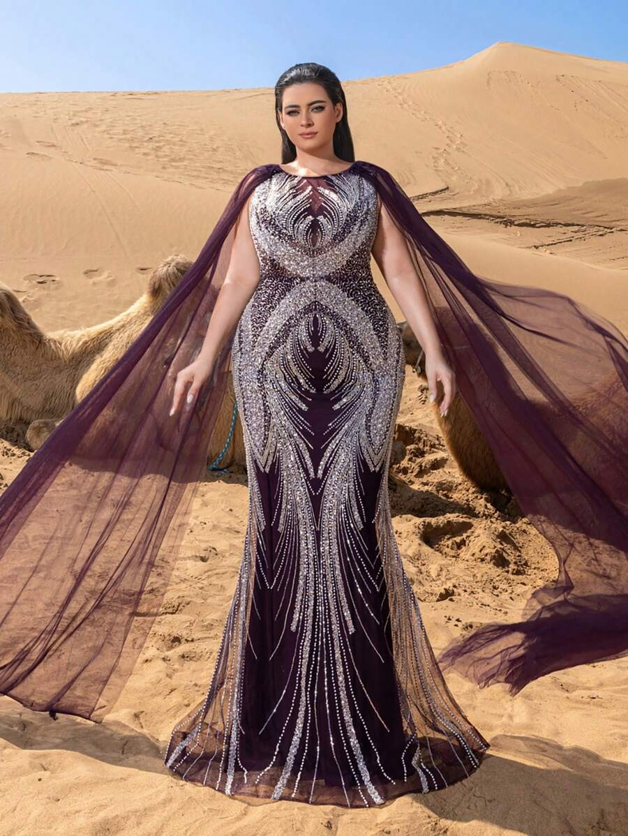 SD3243 Sheer Sleeve Sequin Mermaid Gown