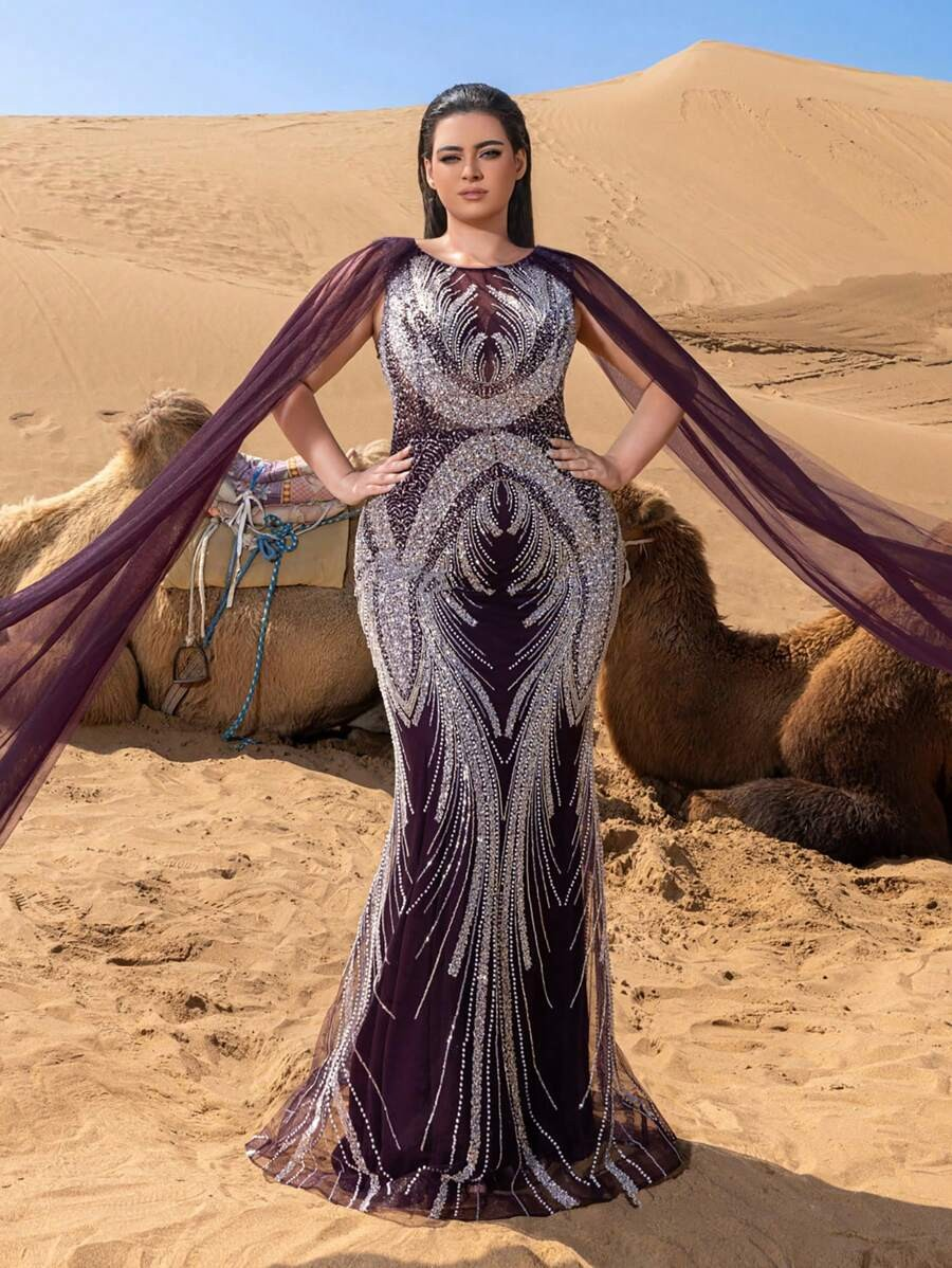 SD3243 Sheer Sleeve Sequin Mermaid Gown