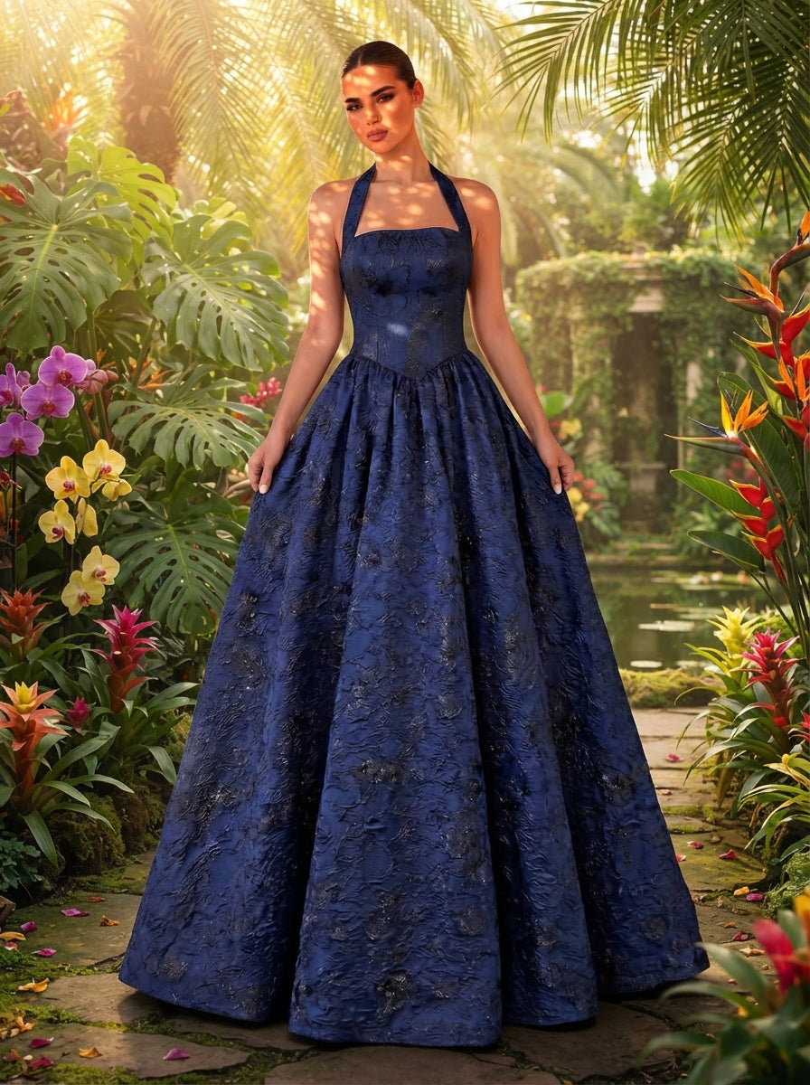 SDE3250 Elegant Burgundy Jacquard Halter Formal Evening Gown