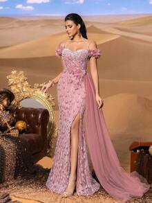 SD3220 Off-Shoulder Pearl & Beaded Slit Gown image 6