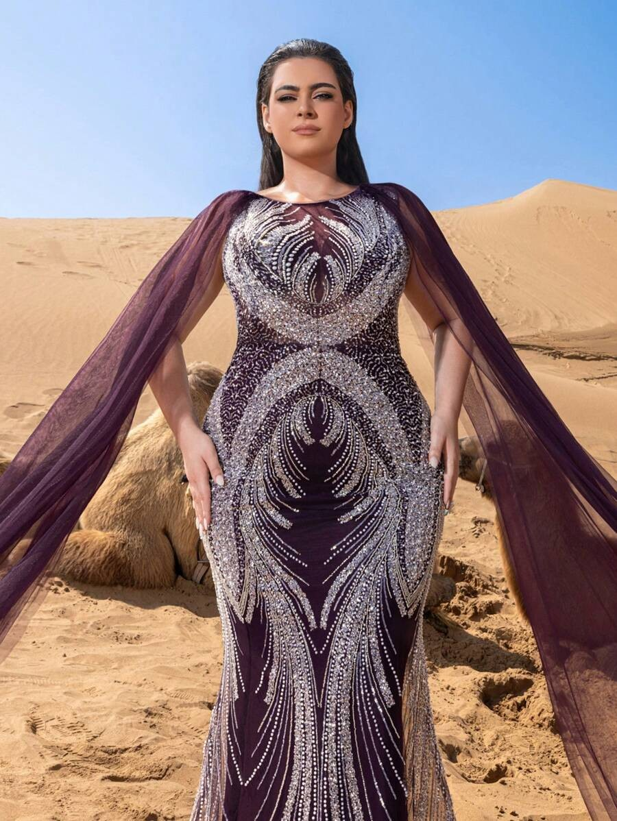 SD3243 Sheer Sleeve Sequin Mermaid Gown