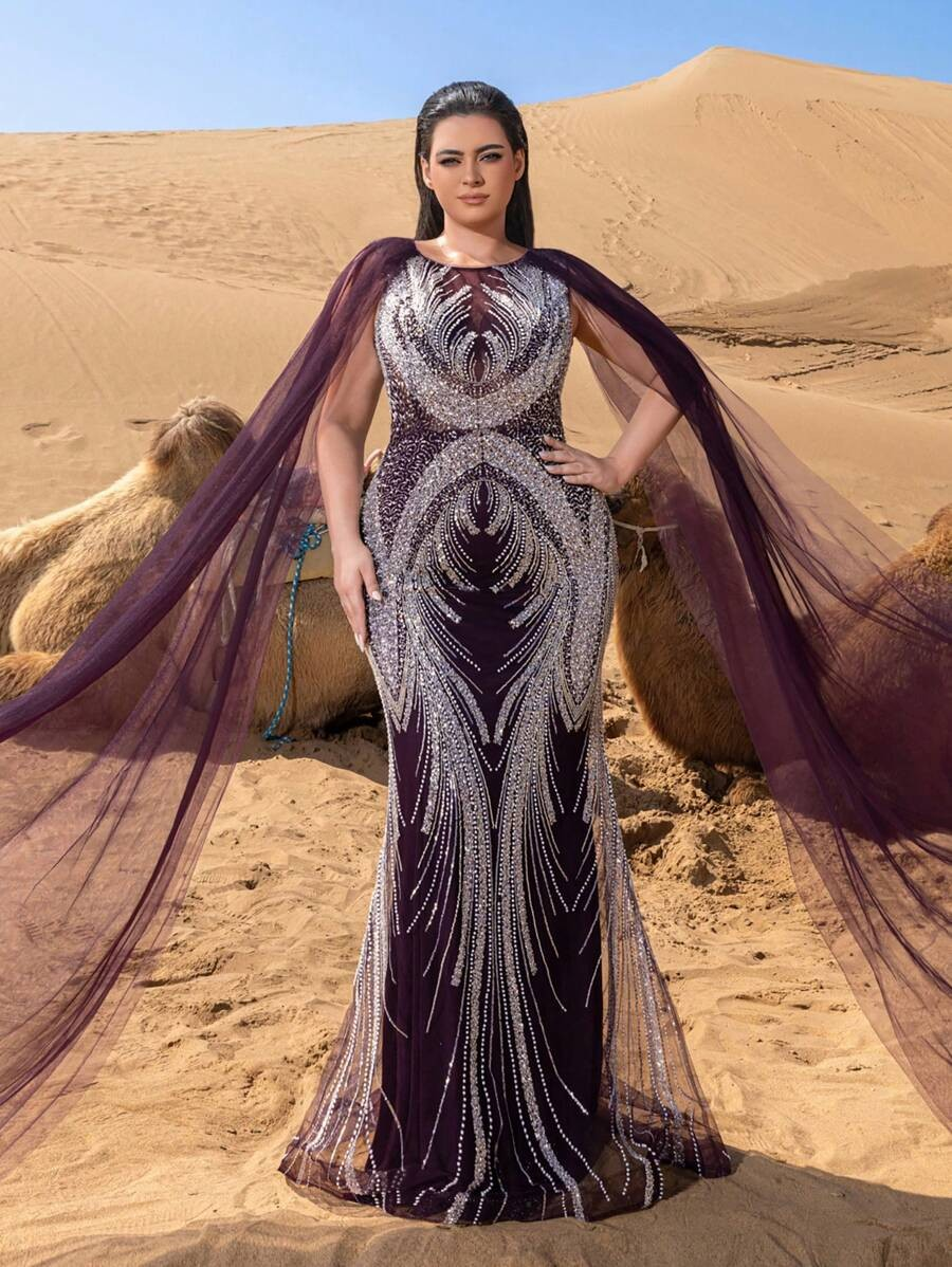 SD3243 Sheer Sleeve Sequin Mermaid Gown