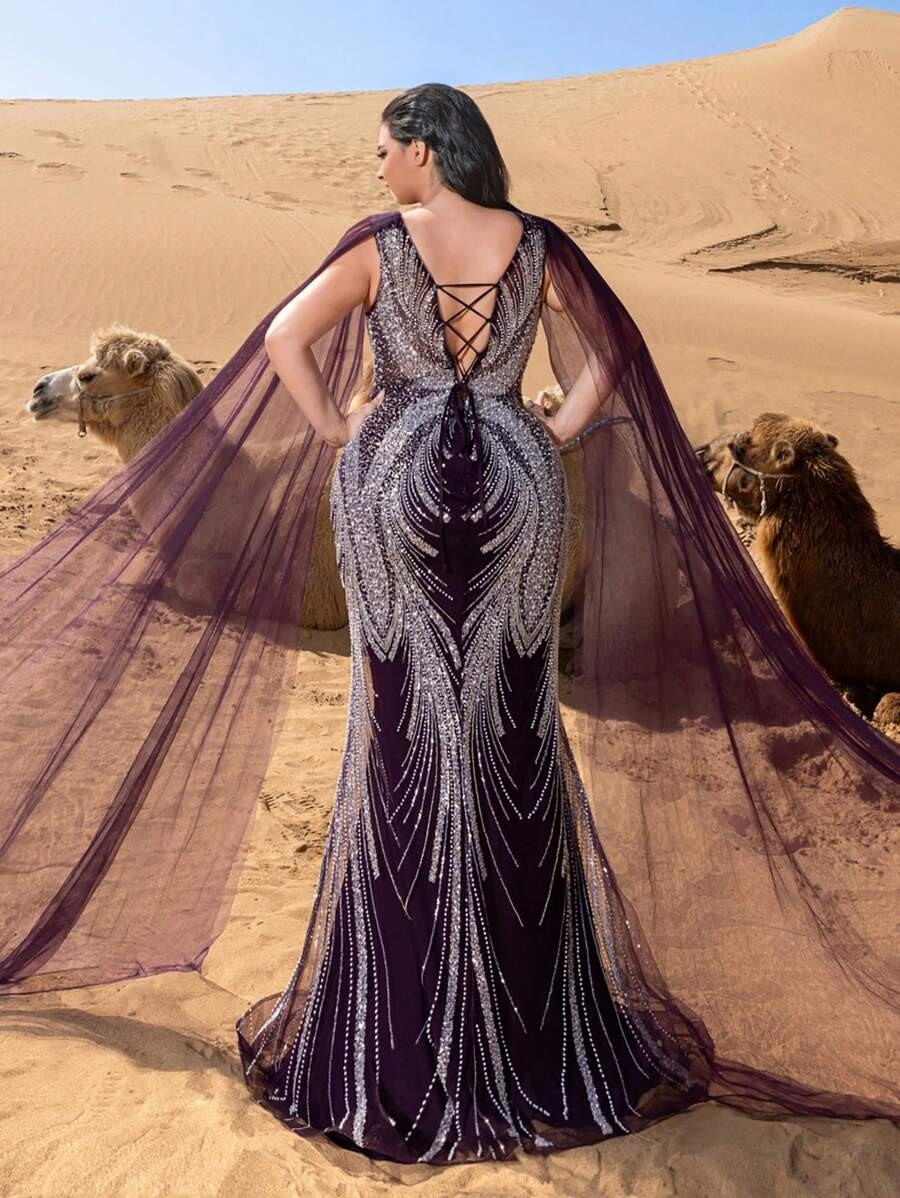 SD3243 Sheer Sleeve Sequin Mermaid Gown