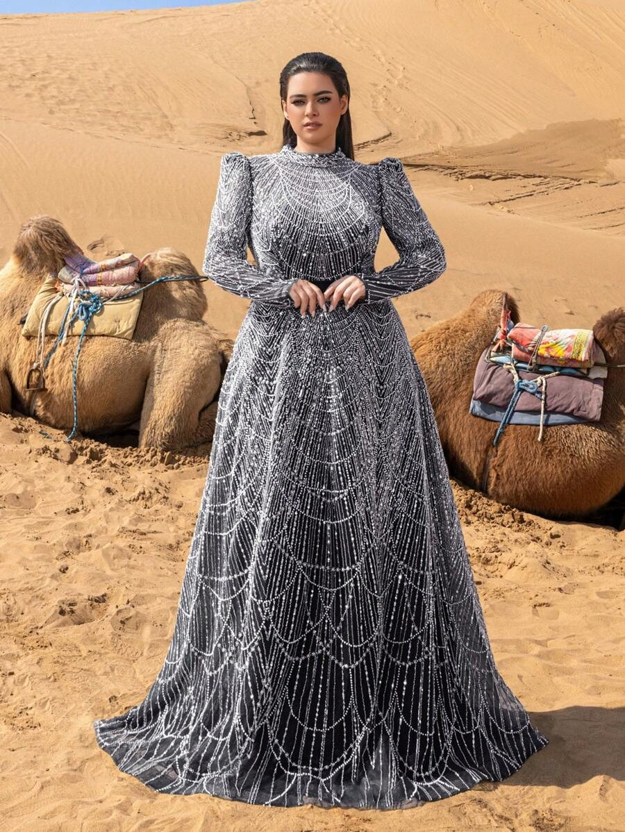 SD3246 Petite Stand Collar Beaded A-Line Gown