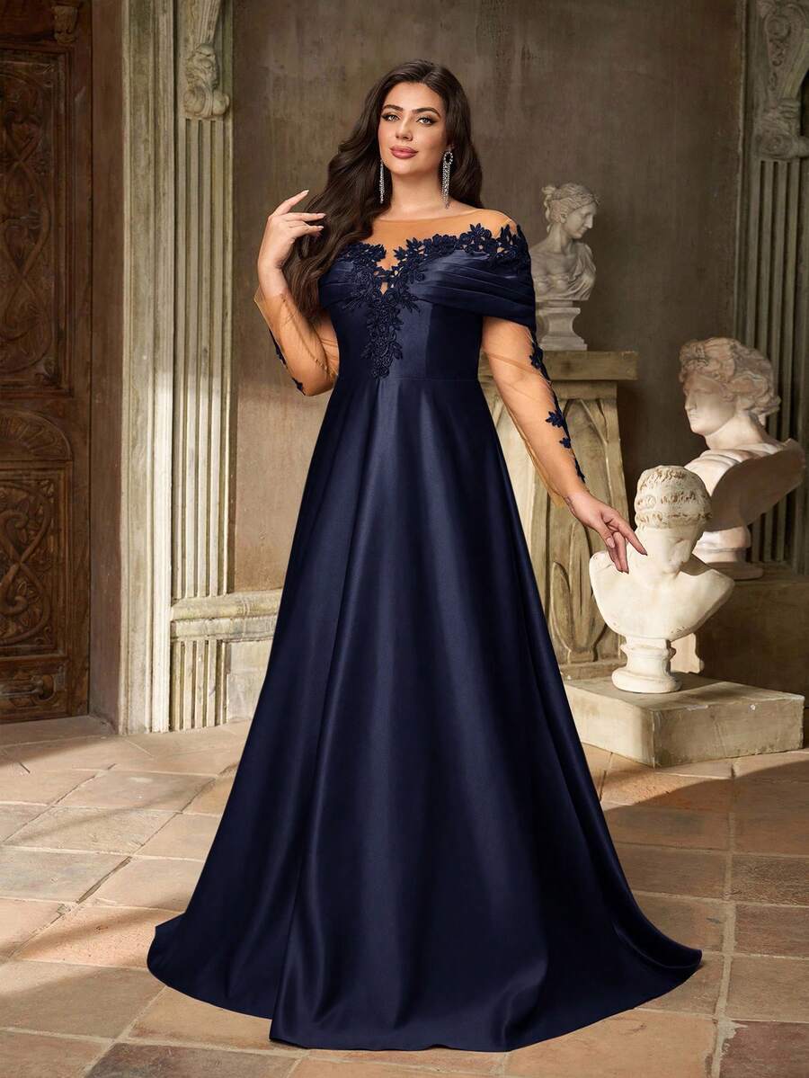 SDE3252 Plus Size Burgundy Lace Applique Off-Shoulder Satin Dress