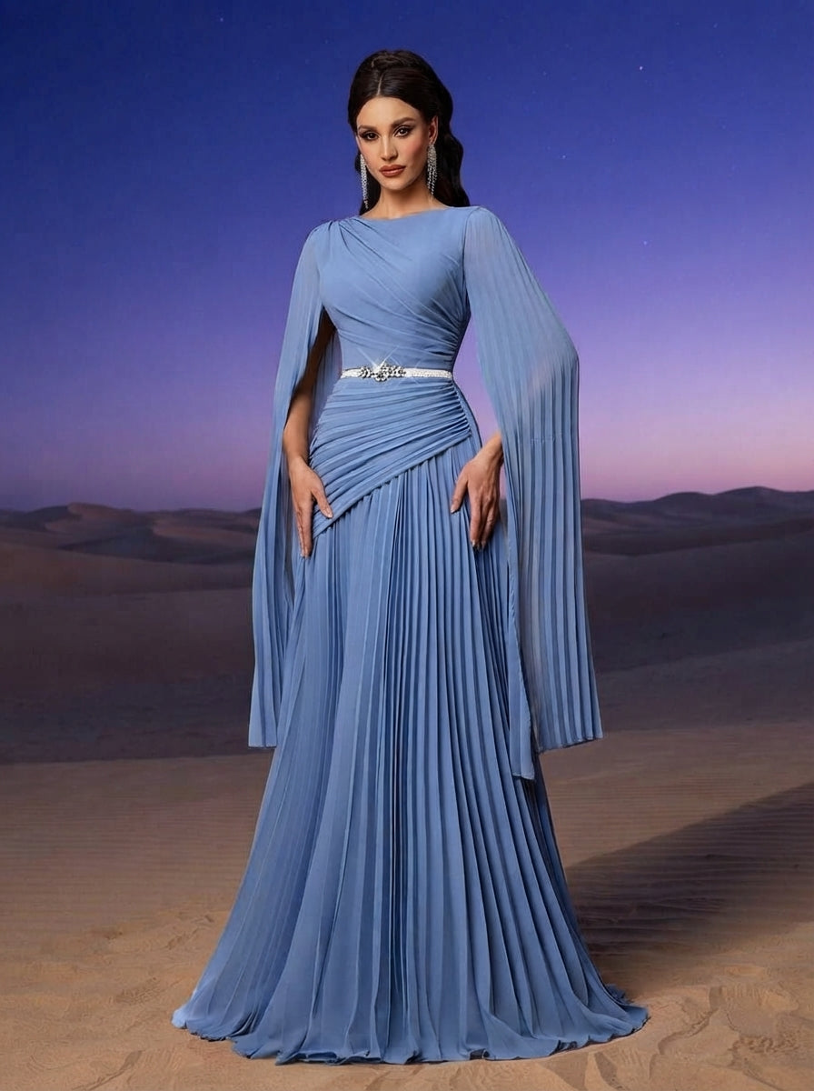 SDE3268 Blue Chiffon Pleated Evening Gown with Detachable Silver Belt