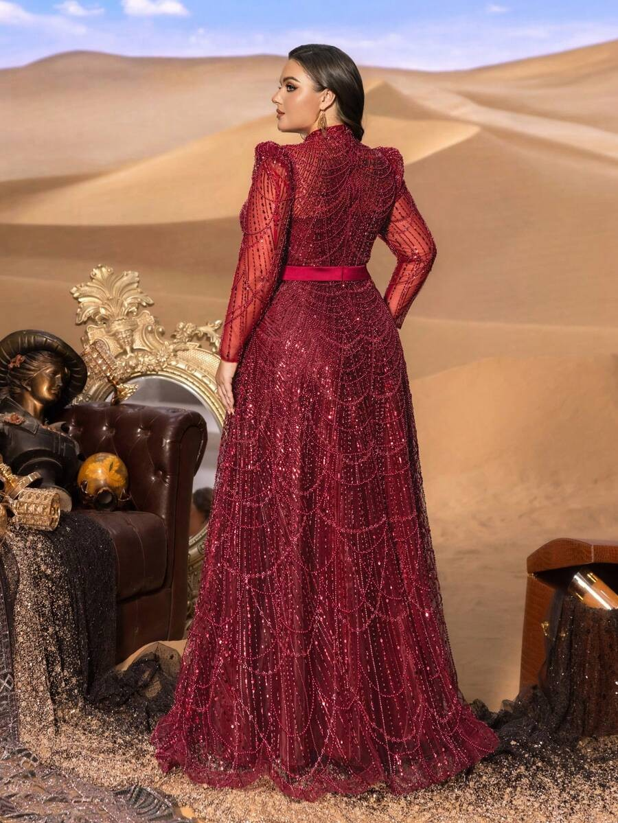 SD3246 Petite Stand Collar Beaded A-Line Gown