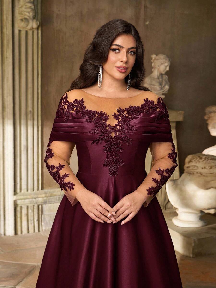 SDE3252 Plus Size Burgundy Lace Applique Off-Shoulder Satin Dress