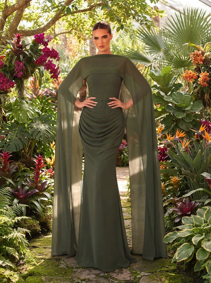 SDE3251 Olive Green Chiffon Fishtail Gown with Cape
