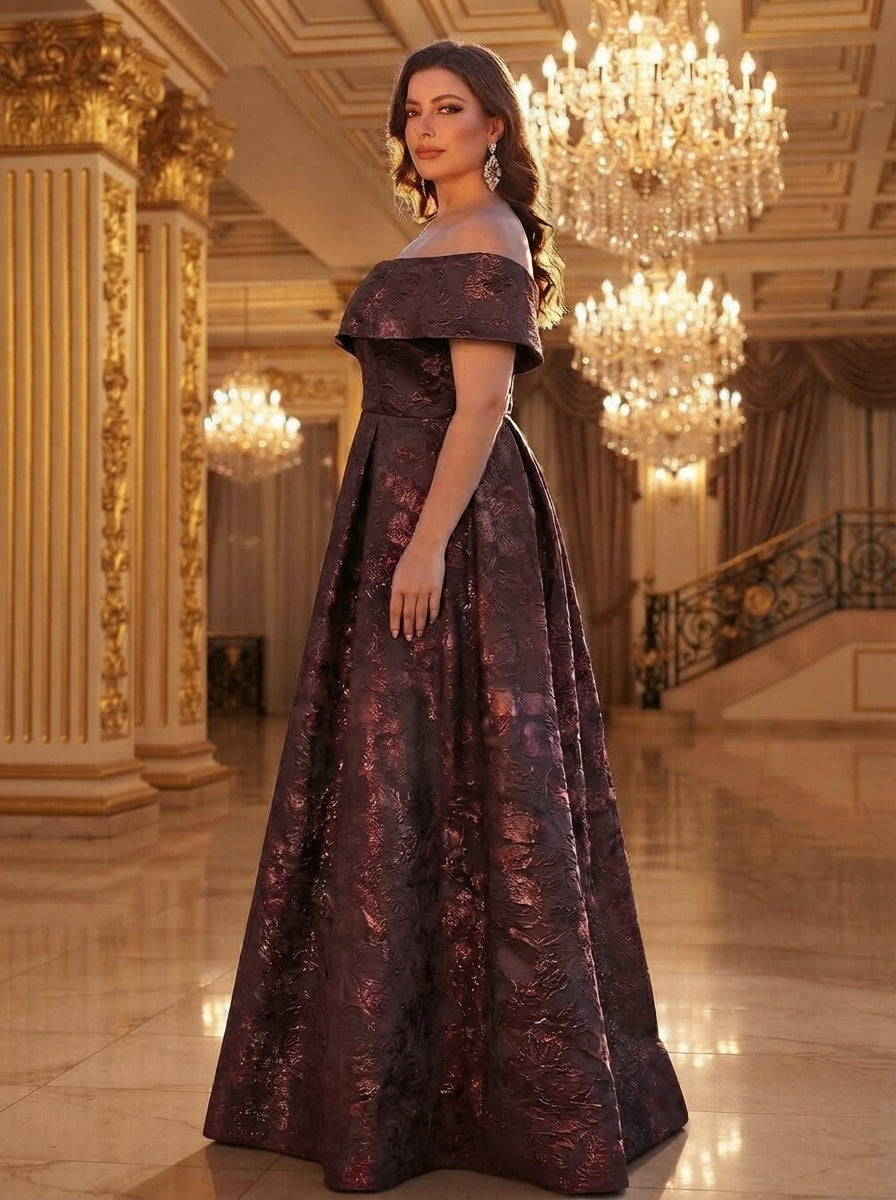 SDE3256 Plus Size Burgundy Jacquard Off-Shoulder Ball Gown