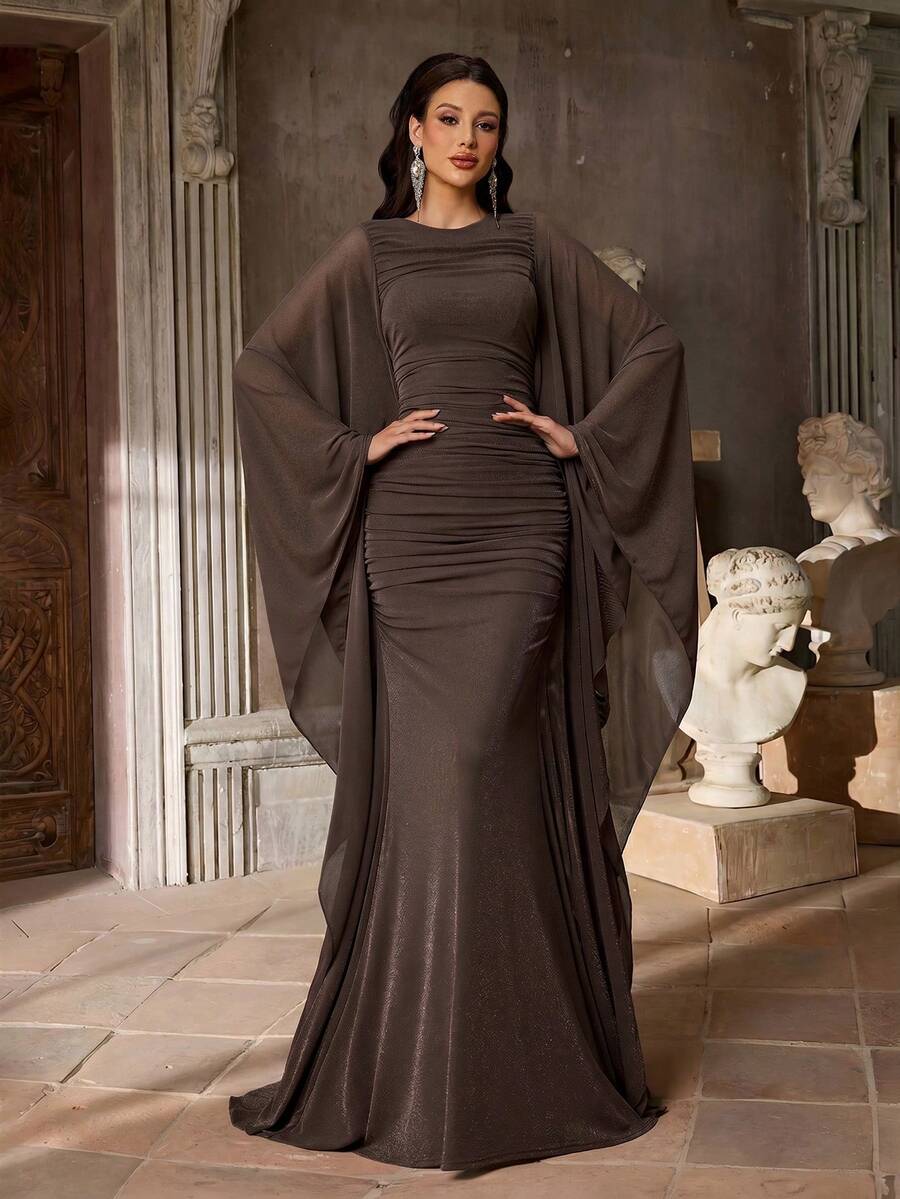 SDE3254 Knitted Satin Cape Sleeve Bodycon Mermaid Dress