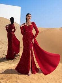 SD3227 Sweetheart Neck Draped Side Beaded Gown - UK10(m), Red image