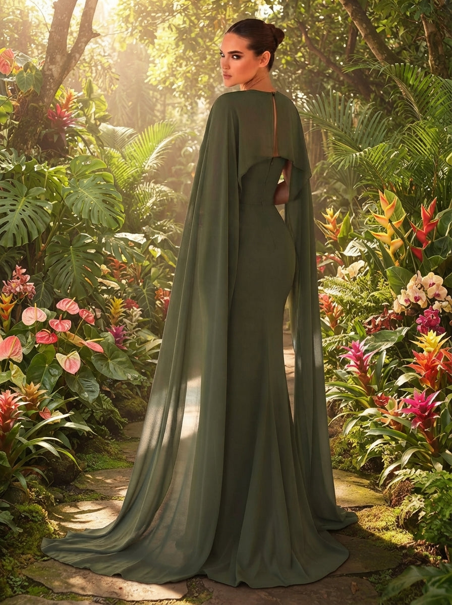 SDE3251 Olive Green Chiffon Fishtail Gown with Cape