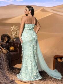 SD3259 Strapless Floral Beaded Gown with Tulle Overlay - UK22 (3XL), Green image