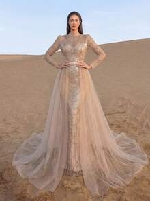 SD3223 Geometric Beaded Tulle A-Line Gown - UK16(XL), champagne image