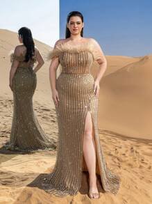 SD3251 Feather Detail Beaded Sequin Mermaid Gown image 7