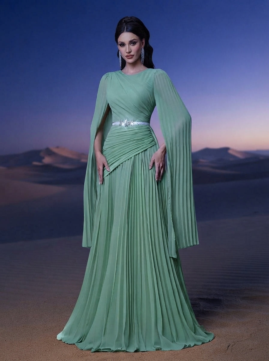 SDE3268 Blue Chiffon Pleated Evening Gown with Detachable Silver Belt