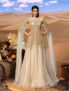 SD3228 Corseted Beaded Gown with Sheer Tulle Sleeves - UK8(s), champagne image