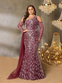 SD3255 One-Shoulder Striped Sequin Mermaid Gown - UK24 (4XL), Burgundy image