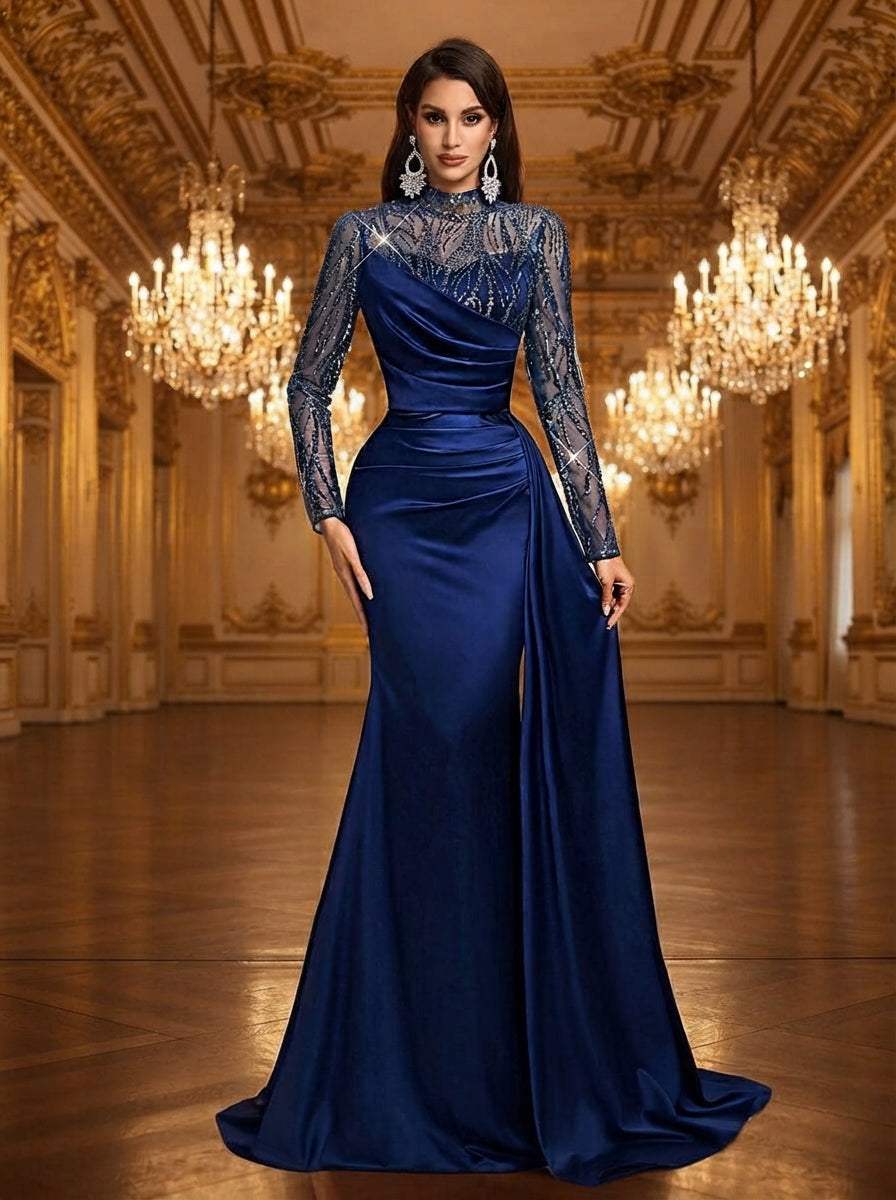 SDE3260 Navy Blue Sequin Patchwork Satin Evening Gown