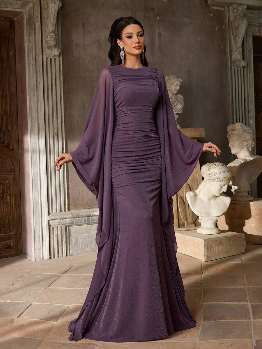 SDE3254 Knitted Satin Cape Sleeve Bodycon Mermaid Dress