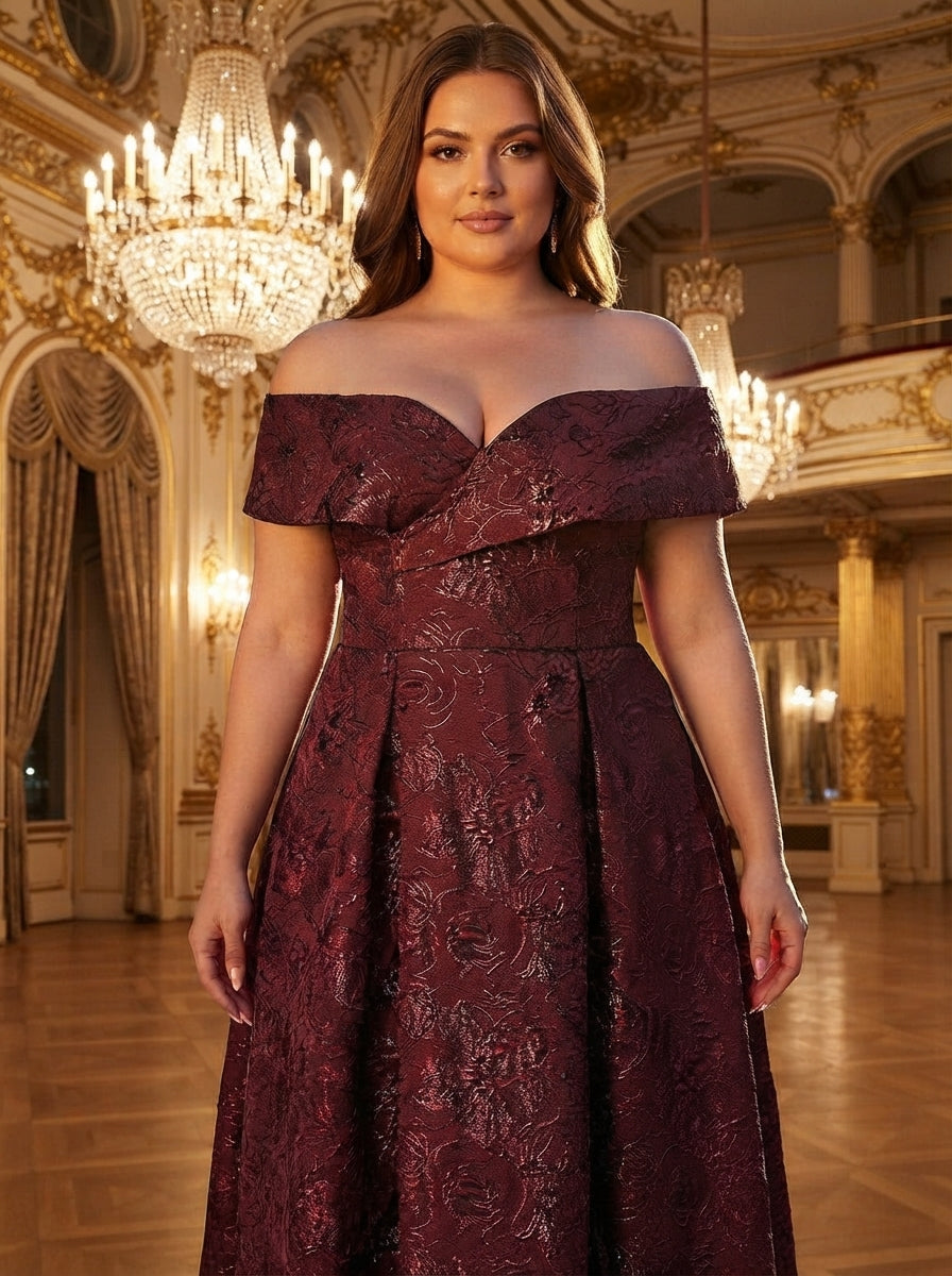 SDE3256 Plus Size Burgundy Jacquard Off-Shoulder Ball Gown